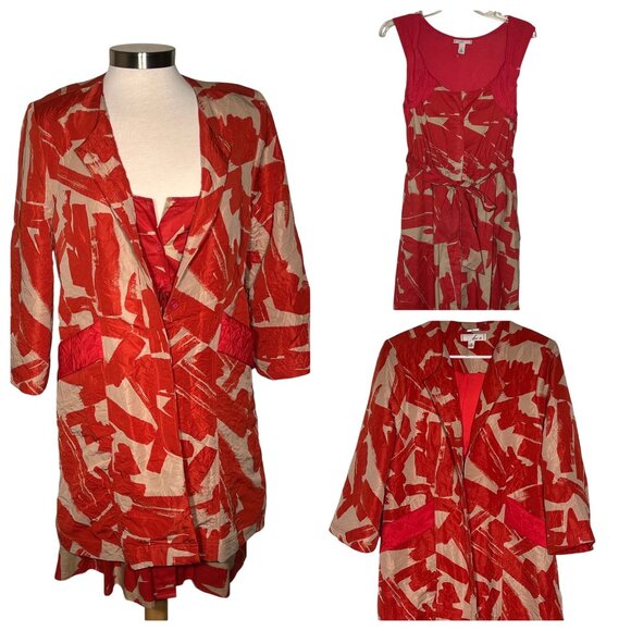 Doo Ri. Womens  M 2-Piece Red & Beige  Abstract Cotton Dress & Jacket Career - Picture 1 of 16